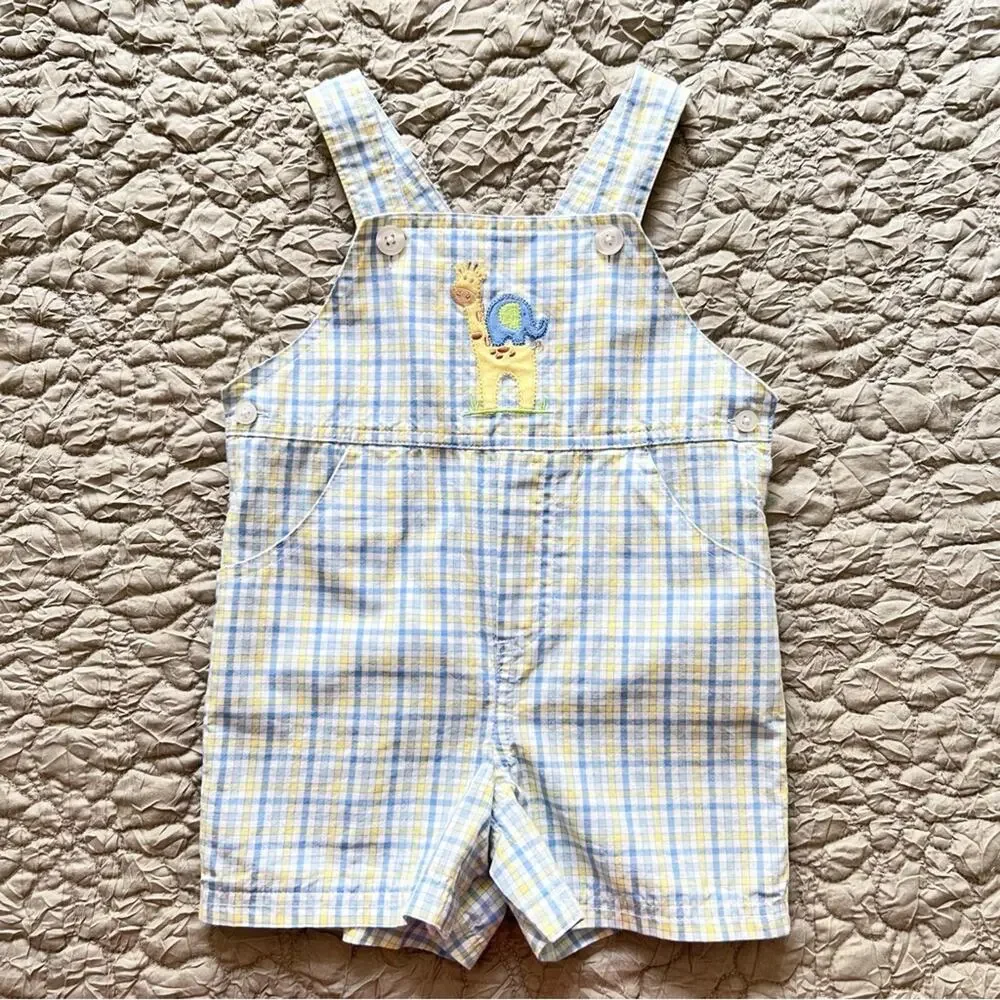 🌵3/$20 Starting Out Shortalls Romper Baby 18M Plaid Zoo Animals Cotton
